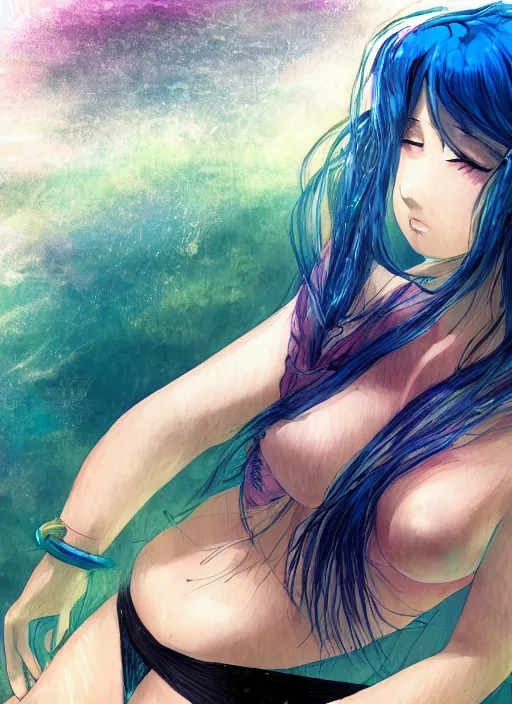 Image similar to a woman with blue hair sitting underwater, a beautiful anime drawing by yuumei, featured on pixiv, rayonism, pixiv, seapunk, very anime anime!! detailed