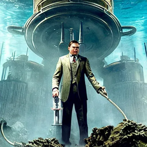 Image similar to movie poster depicting andrew ryan, portrayed by leonardo dicaprio, in a new live - action bioshock movie, the underwater city of rapture is also present