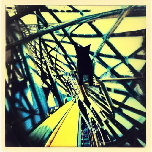 Image similar to black cat in a rollercoaster. the cat is enjoying the ride. sunlight. polaroid photo. saturated colors.