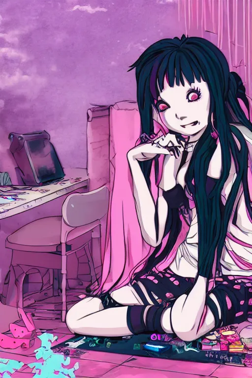 Image similar to goth chibi anime girl with pink dreads sitting on the floor of a cluttered 9 0 s bedroom, vaporwave colors, lo - fi, concept art, smooth, detailed, 4 k, hd,