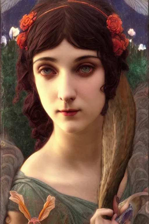 Image similar to portrait at a fae carnival, by John William Godward and edmund dulac and alayna danner, re-raphaelite fairies, featured on artstation, dramatic cinematic lighting smooth, sharp focus, extremely detailed