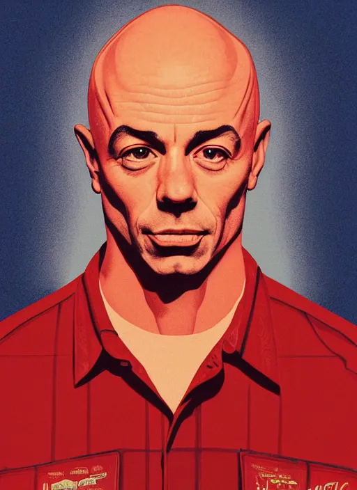 Image similar to Twin Peaks poster artwork by Michael Whelan and Bob Larkin, of portrait of Joe Rogan in red flannel, spotlight from the sky shining on him, from scene from Twin Peaks, clean, simple illustration, nostalgic, domestic