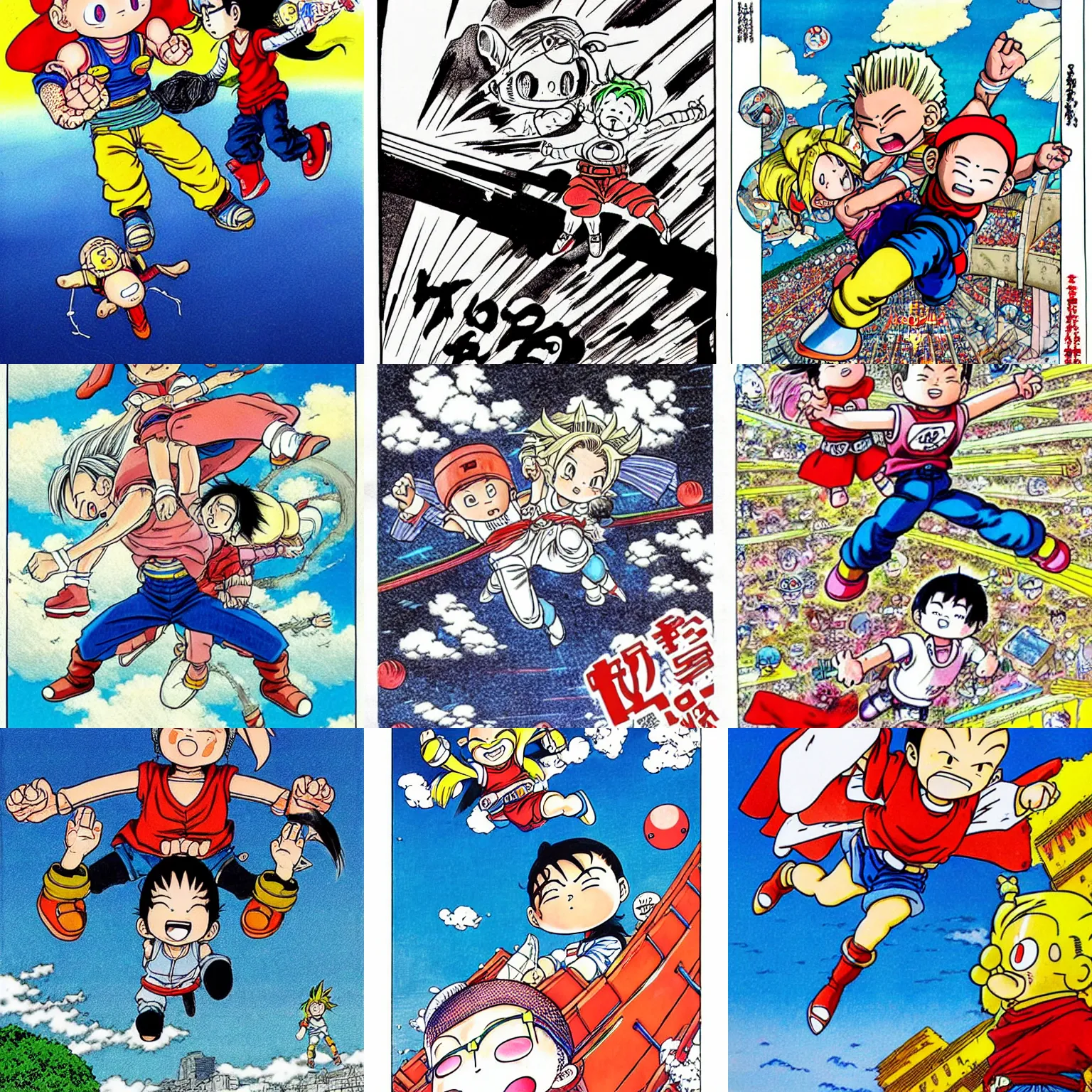 Prompt: akira toriyama art style, young boy and girl flying in the air, happy, manga art, manga ink illustration, art by akira toriyama!!!!!!!!!!!!!!!!!!