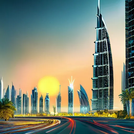 Prompt: most advanced Dubai city dramatic lighting detailed straight lines and elegant curves beautiful sunset road network vegetation water lights birds clouds proportional symmetrical minimalism photorealistic sky render octane architecture design planning oil painting Edward hooper