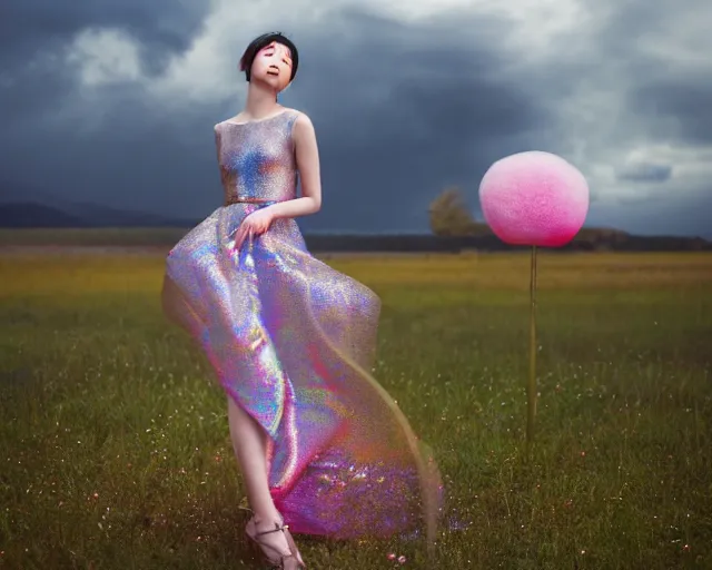 Prompt: lee jin - eun in elegant chic holographic dress emerging from gold gold by martine johanna, michael garmash and katsuhiro otomo, rule of thirds, seductive look, beautiful, cotton candy clouds, puyallup berteronian, himalayan poppy flowers, sea holly flowers, gorgeous