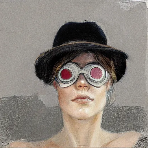 Prompt: frontal portrait of a woman with a hat that covers her eyes, by jon foster