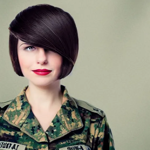 Image similar to brunette woman, short hair, flipped out hair, black military uniform, smirk, propaganda