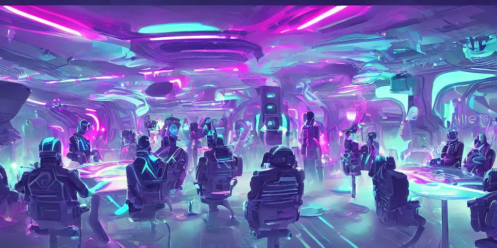 Prompt: digital art, trending on artstation, race of technobiological aliens in a meeting at their base in the galaxy, night time, neon lights