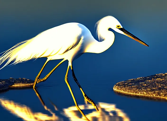 Image similar to an extremely detailed masterpiece photorealistic of a snowy egret hunting food along the shoreline with reflection, in the style of hiromi gibbs, digital art, unreal engine, volumetric lighting, dark moody lighting, epic scene