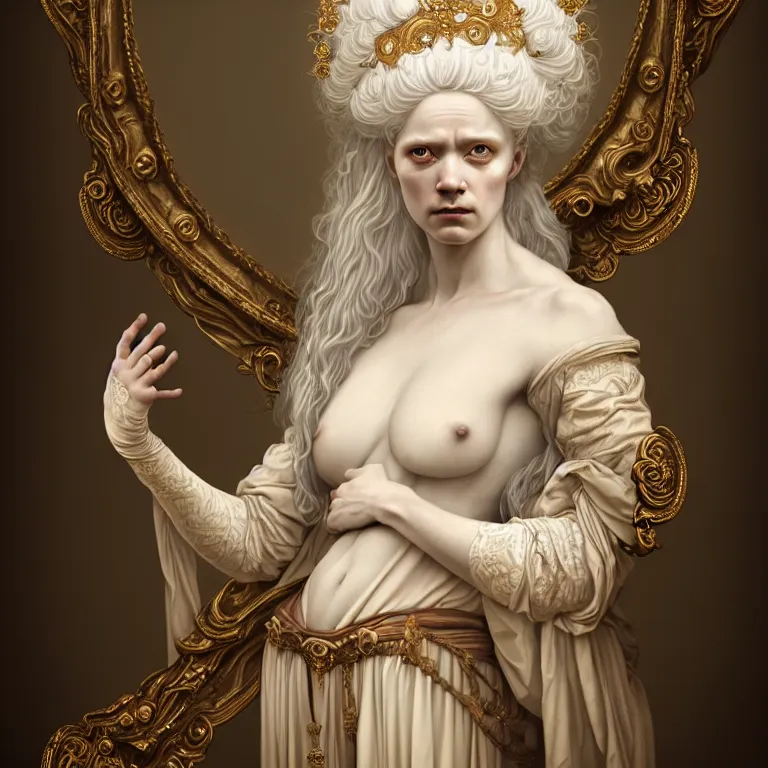 Image similar to renaissance style a wonderful woman albino goddess with a wonderful face and realistic arms and hands and realistic body with long intricate hair with a beautiful porcelain symmetrical body dressed with a majestic warp ornate cream long cotton dress, hightly ornate, intricate, detailed, dramatic light, cinematic, award winning, octane render, tom bagshaw style