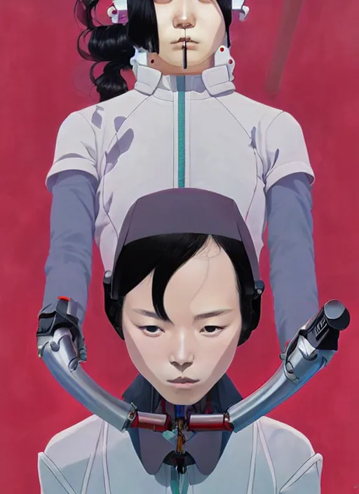 Prompt: Artwork by James Jean and Phil noto and hiyao Miyazaki; a young Japanese future police lady named Yoshimi battles an evil natures carnivorous robot on the streets of Tokyo; Art work by Phil noto and James Jean