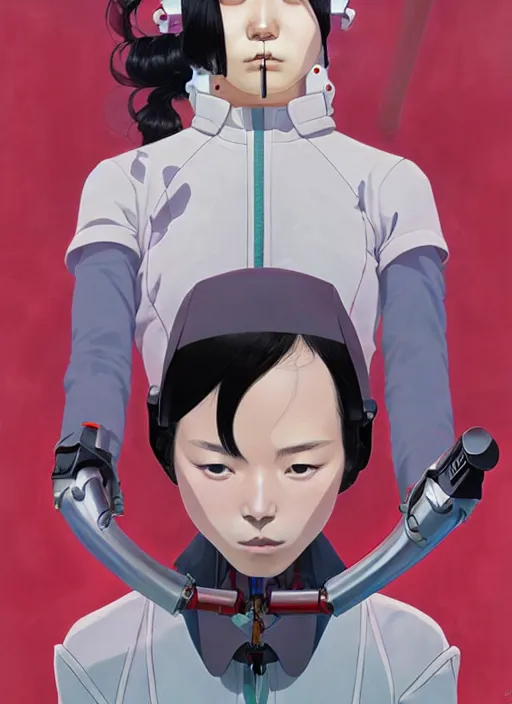 Image similar to Artwork by James Jean and Phil noto and hiyao Miyazaki; a young Japanese future police lady named Yoshimi battles an evil natures carnivorous robot on the streets of Tokyo; Art work by Phil noto and James Jean