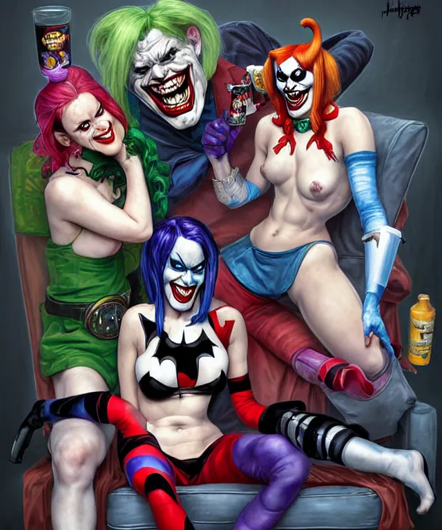 Image similar to Caricatures of Harley Quinn, Heath Ledgers Joker and Batman, playing video games on a couch together, Harley Quinn is winning, mum brings in milk and cookies. fun, funny, highly detailed, digital painting, artstation, concept art, smooth, sharp focus, illustration, art by artgerm and greg rutkowski and alphonse mucha