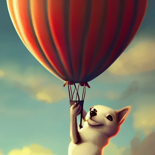 Image similar to puppy high in the air holding balloons, 8k, fantasy, intricate, cinematic lighting, highly detailed, digital painting, artstation, concept art, smooth, sharp focus, illustration, by Pixar