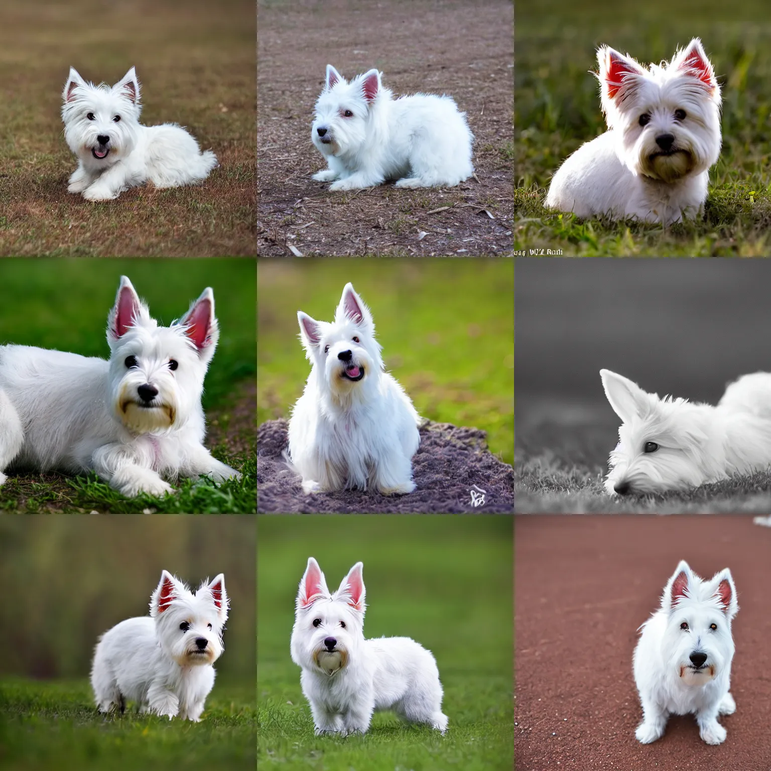 Prompt: a cross between a westie and a rabbit, photography, f / 1 6, 2 2 mm lens, soft lighting