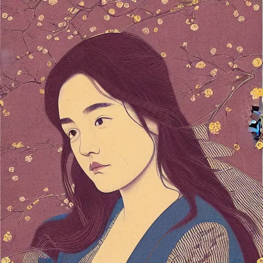 Image similar to “ florence pugh portrait by ikenaga yasunari and ayana otake and ko rakusui, 6 0 s poster, drawing, realistic, sharp focus, japanese, dreamy, nostalgia, faded, golden hues, floral clothes ”