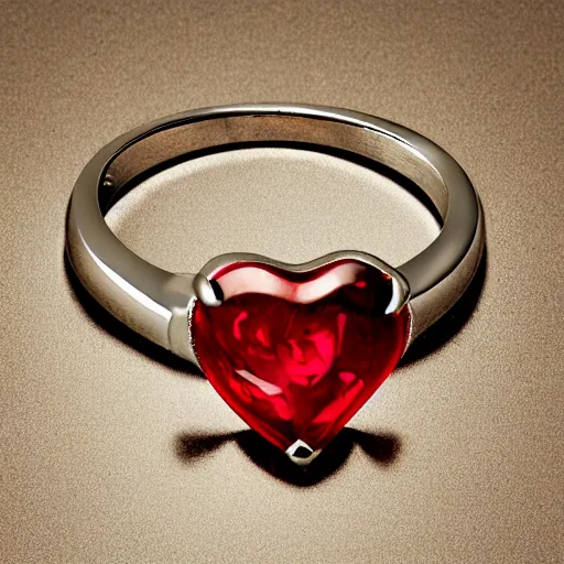 Prompt: Expensive silver wedding ring with an amber stone containing a red heart, award-winning studio photo, constrast improved