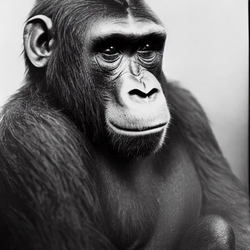 Prompt: 1930s mugshot of an ape holding a rifle, closeup portrait