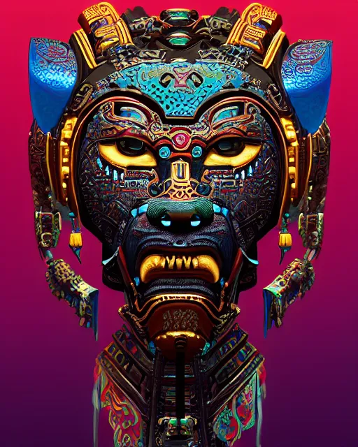 Prompt: portrait of a mayan masculine male cyberpunk jaguar warrior, machine face, upper half portrait, decorated with chinese opera motifs, muscular, latin, fine china, wuxia, traditional mayan art, intricate intense elegant, highly detailed symmetry headpiece digital painting artstation concept art smooth sharp focus illustration, art by moebius and frank miller diego rivera 8 k