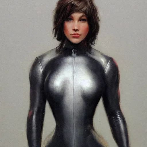 Prompt: a painting of a female wearing a skintight suit. by edward robert hughes and craig davison. trending on artstation, highly detailed, volumetric lightning