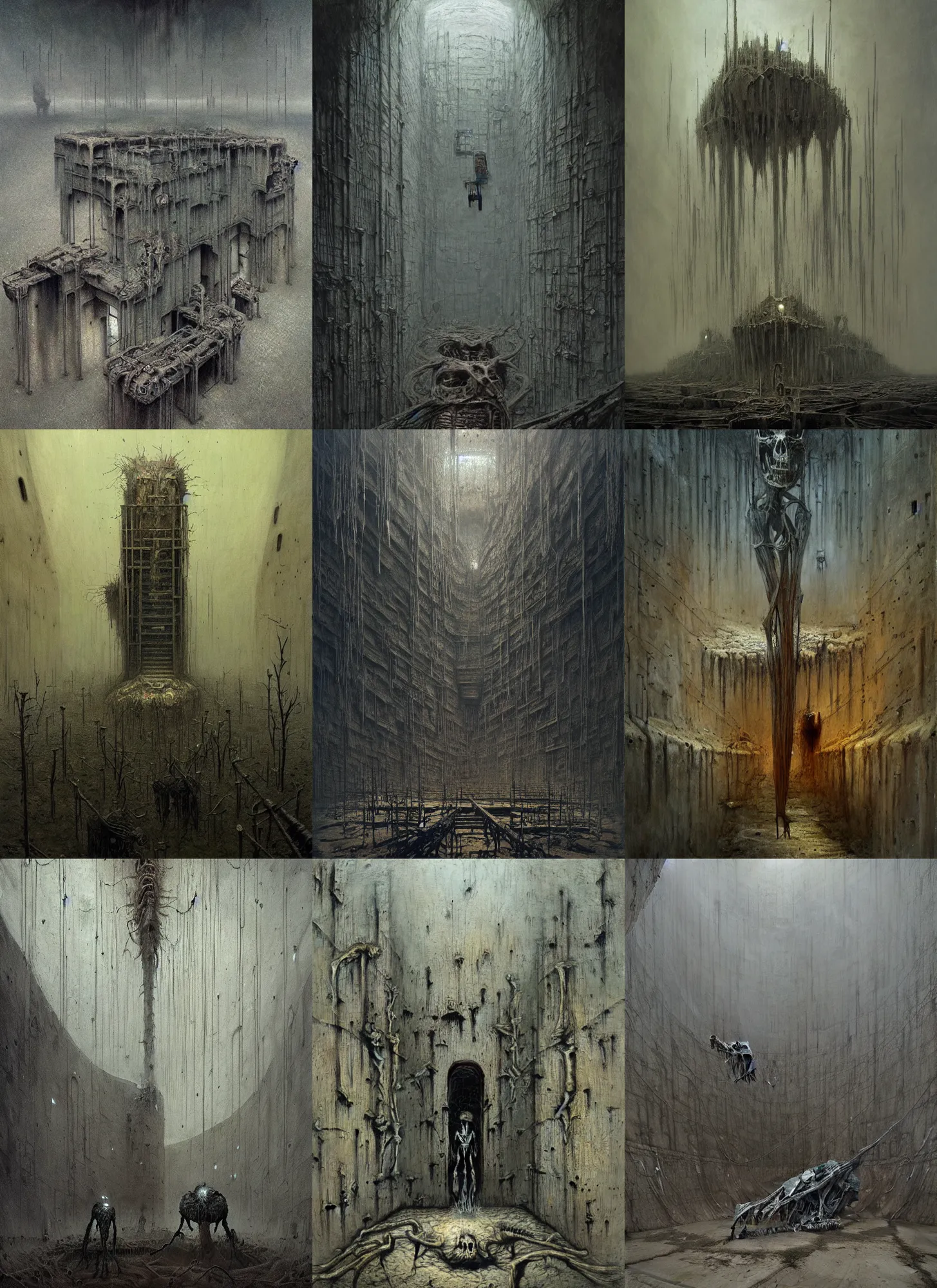 Prompt: skeletal bunker, oil on canvas concept art by beksinski, giger, millaise and greg rutkowski, deviantart, hall of mirrors, concept art, lovecraftian