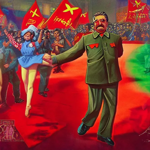 Image similar to stalin dancing at a communist rave, ultra high detail, photorealistic, high resolution, 8 k