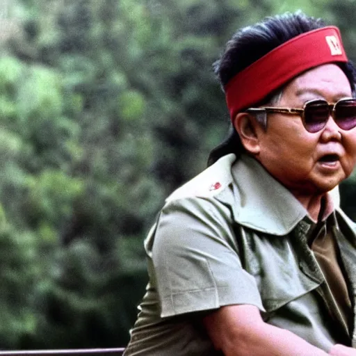 Image similar to filmstill of Kim Jong-il in the role of Rambo with head bandana, cinemascope, Eastman Color Negative 50T 5251 Neg. Film