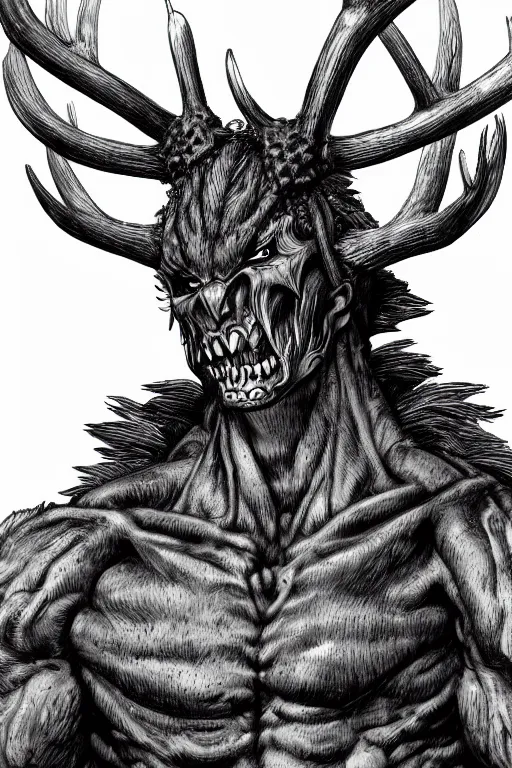 Image similar to humanoid figure monster with antlers, highly detailed, digital art, sharp focus, trending on art station, kentaro miura manga art style