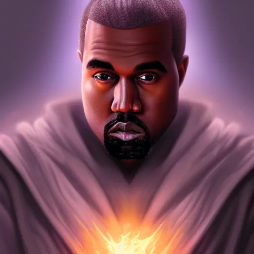 Image similar to Kanye West in a Fantasy world as an old mage, wizard, cover art, ultra wide lens shot , beautiful, DnD character art portrait, realistic, hyperdetailed, DeviantArt Artstation, cinematic lighting