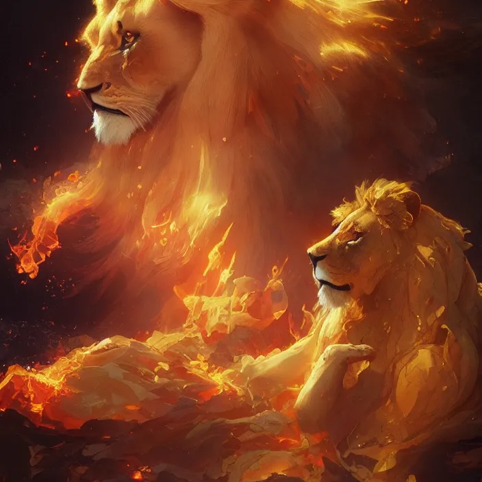 Image similar to lion made out of fire and water, masterpiece painting, 4k, trending on artstation, octane render, art by artgerm and greg rutkowski and alphonse mucha and craig mullins and James Jean and Andrei Riabovitchev and Marc Simonetti and peter mohrbacher