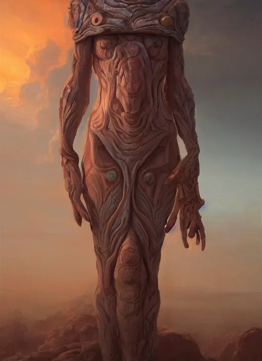 Image similar to biblical female druid android, pattern on skin, glowing veins, in clouds, sunset, portrait by wayne barlowe, by peter elson, by anato finnstark, studio lighting, muted colors, by frank frazetta, extreme detail, reflections, trending on artstation, 8 k