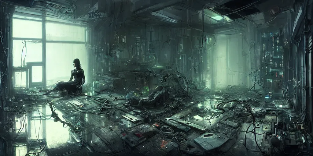 Prompt: a female cyborg sitting on the floor, inside an old apartment, cybernetic parts and wires and cables scattered across the floor, dystopian aesthetics, cyberpunk, concept art, misty, cinematic, dramatic lighting, ominous, by jeremy mann and michael weisheim beresin and ruan jia