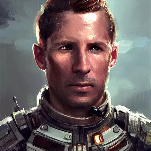 Image similar to Portrait of a man by Greg Rutkowski, he is about 40 years old, short copper hair, attractive, military composure, younger brother vibes, expression of sorrow and disbelief, he is wearing futuristic space tactical suit, highly detailed portrait, digital painting, artstation, concept art, smooth, sharp foccus ilustration, Artstation HQ.