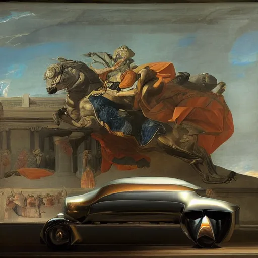 Image similar to sci-fi car dynamic organic forms structure car and wall structure in middle of the coronation of napoleon painting by Jacques-Louis David black ceramic material shiny gloss water reflections search pinterest keyshot product render 4k