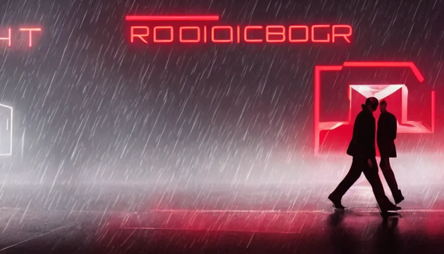 Image similar to big budget action movie about the exterior of a robotics corporation, night, raining, glowing red logo.