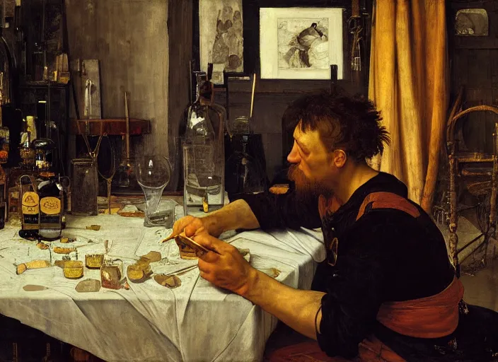 Prompt: an exhausted painter in his studio with a bottle of whisky painting a self portrait, by edgar maxence and caravaggio and michael whelan and delacroix style, artistic, intricate drawing, cinematic lighting, hyper realistic, extremely detailed, establishing shot, 8 k resolution, dramatic lighting