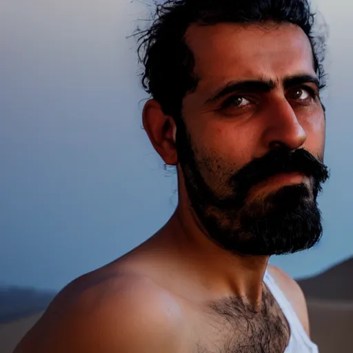 Image similar to real life photo of a Syrian man, short dark hair, goatee and moustache, blue watery eyes, full round face, short smile, serene desert setting, cinematic lightning, medium shot, mid-shot, highly detailed, photorealistic, 80mm, 85mm, cinematic wallpaper