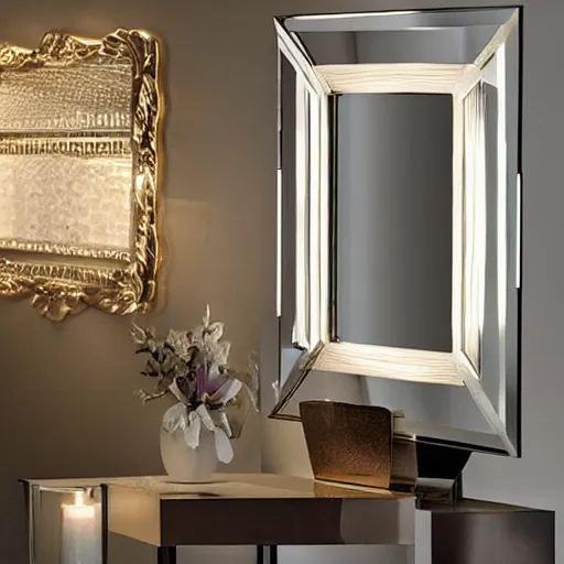 Image similar to lit candle between 2 mirrors, realistic, ultra high quality, reflective