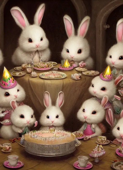 Image similar to highly detailed group closeup portrait of cute bunnies having a birthday party banquet in a castle, unreal engine, nicoletta ceccoli, mark ryden, earl norem, lostfish, global illumination, god rays, detailed and intricate environment