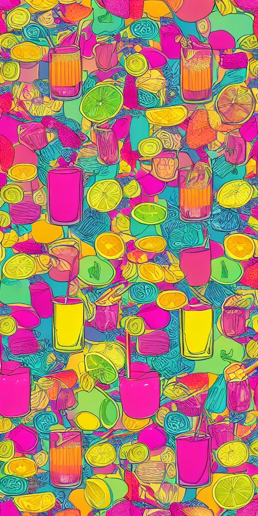 Prompt: seamless repeating pattern of cocktails, colourful, symmetrical, repeating 35mm photography
