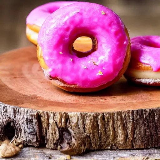 Image similar to A delicious pink donut on a plate in a log cabin