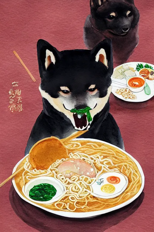 Image similar to a portrait of a shiba inu eating ramen on a dinner table, watercolor, studio ghibli, studio ghibli color palette, artistic