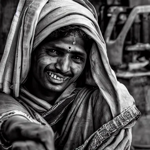 Image similar to a dramatic photograph of worker from india, beautiful smile, cinematic lighting