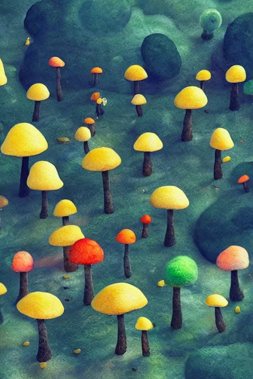 Prompt: a matte digital painting of a mushroom forest at night, tiny bokeh, bright colours, watercolor, volumetric wool felting, macro photography, children illustration, by goro fujita