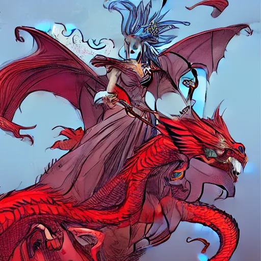 Image similar to Lady Liberty riding the red dragon of 龙, illustration, concept art, in the style of Arthur Adams