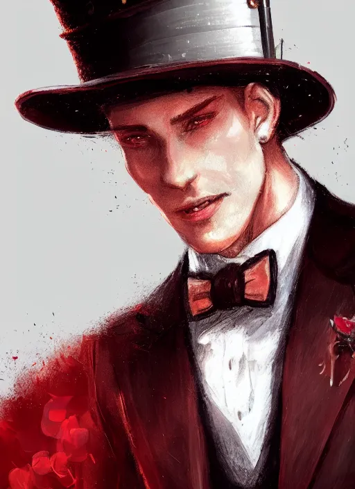 Prompt: a highly detailed illustration of stylish top hat wearing red haired attractive man, wearing suit vest, flashy leaning back pose, intricate, elegant, highly detailed, centered, digital painting, artstation, concept art, smooth, sharp focus, league of legends concept art, WLOP