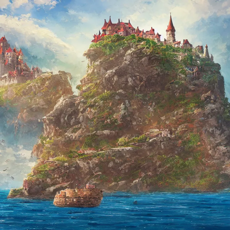 Prompt: a beautiful painting of a medieval castle and bustling town floating on top of a giant rock next to a beach and a clear blue sea mountain range by petros afshar