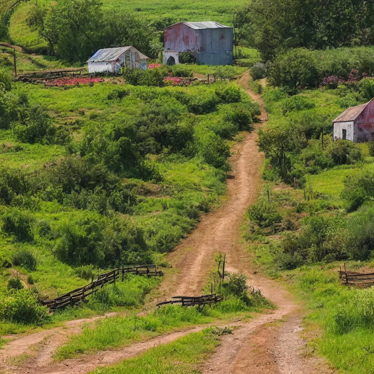 Prompt: view down a dirt road of a valley farmstead with gardens by Walt Curlee, fantasy art, folk art, 4k