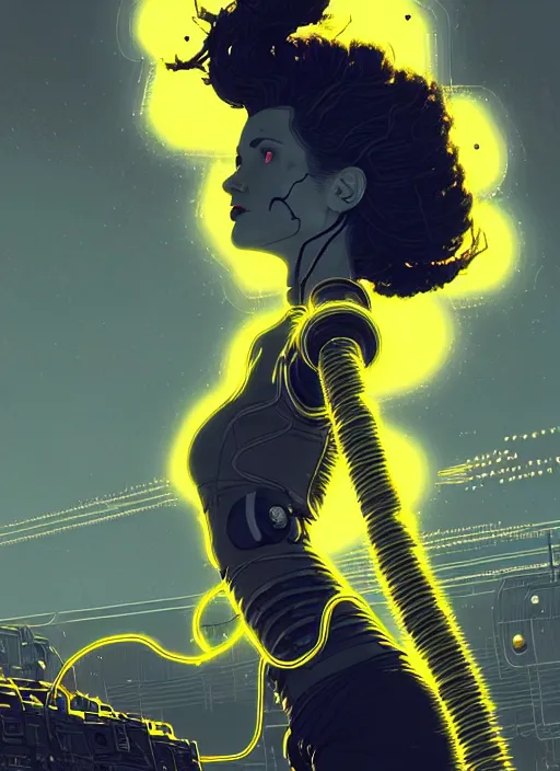 Image similar to highly detailed portrait of wasteland punk long curly bright yellow and white plasma electricity hair tribal lady, stray electric spark wiring by atey ghailan, james gilleard, by joe fenton, by greg rutkowski, by greg tocchini, by kaethe butcher, 4 k resolution, gradient yellow, black and white color scheme!!! ( ( lightning cloudy robotic dystopian city background ) )