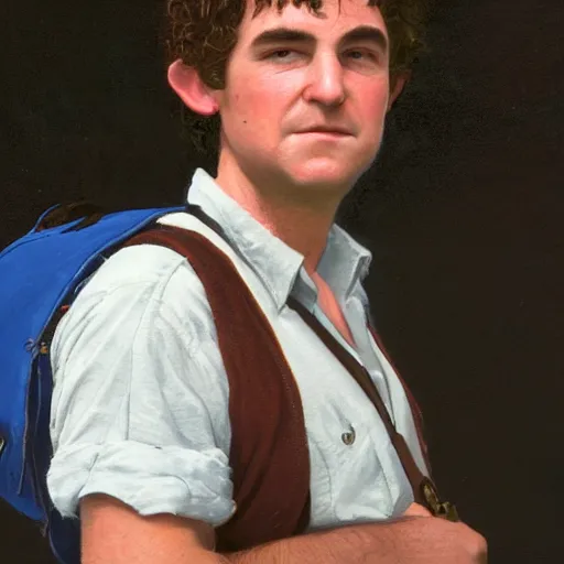 Image similar to close up headshot of a frowning clean shaven pudgy British lad with short curly dark brown hair as a hobbit wearing a white men's crossbody sling chest bag and blue vest, blue vest!! white crossbody chestbag!! high resolution film still, painting by Gerald Brom